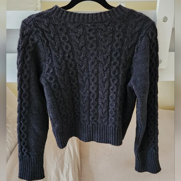Anthropologie Maeve Cable Knit Fuzzy Shrunken Cardigan Sweater Gray Medium - Picture 5 of 6
